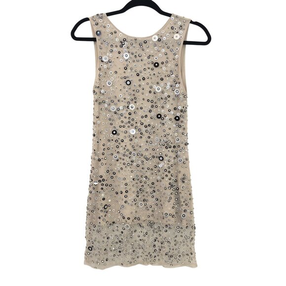 Alice + Olivia XS Beige Sleeveless Beaded Sequin Mini Dress Sheer Back Zipper - Picture 1 of 9